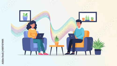 Two people working remotely on laptops in a colorful, plant-filled room