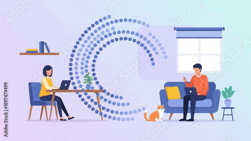 Two people working remotely at home with a cat and a dotted connection