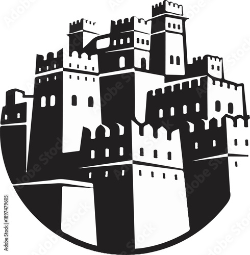 A monochromatic graphic illustration of a fortified castle with multiple towers and battlements