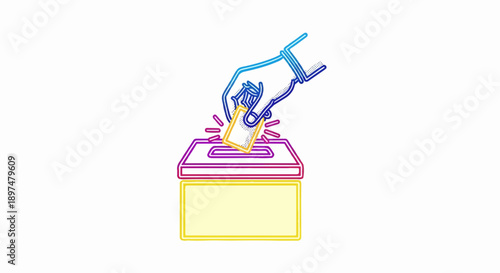 A stylized hand drops a ballot into a colorful box