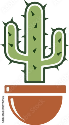 A stylized green cactus with dark green spines sits in a terracotta pot
