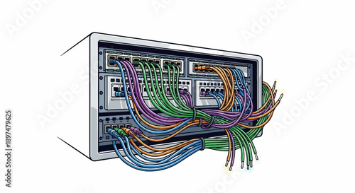 A detailed illustration of a server rack with many colored network cables connected