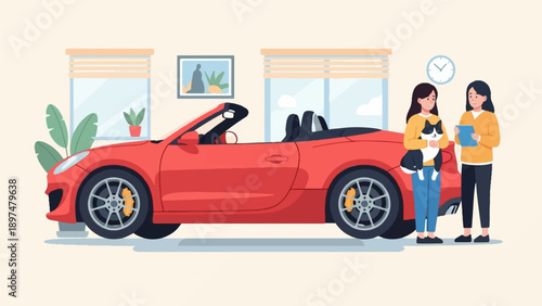 Two women and a cat with a red convertible in a bright room