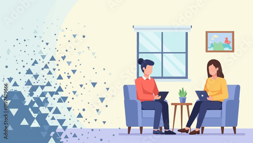 Two women in a room discussing something on tablets while sitting on sofas