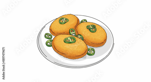 Golden fried nuggets garnished with green jalapeño slices on a white plate