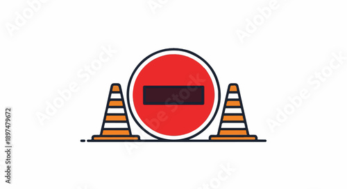 A graphic representation of a red circular sign with a dark rectangular bar and two orange and white striped cones