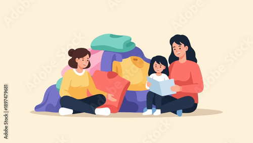Two women and a child sit together in front of a pile of colorful clothes