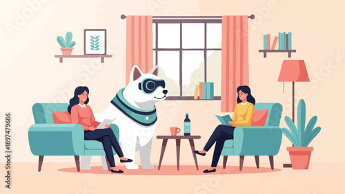 Two women and a dog relax in a cozy living room, reading and enjoying quiet time