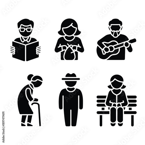 Diverse group of elderly people engaged in various activities isolated on white background, Vector, illustration