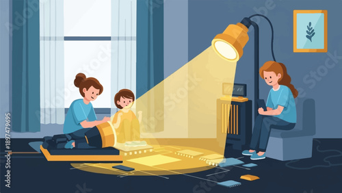 Two women and a child work on a project under a lamp