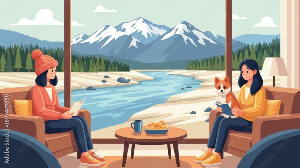 Fototapeta premium Two women and a dog relax indoors with a mountain river view