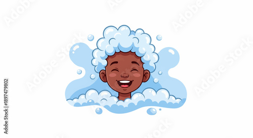 A joyful child with curly hair is covered in soap bubbles while enjoying a bath