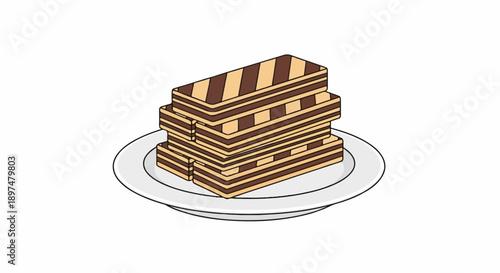 Stack of crisp wafer cookies with chocolate filling on a white plate