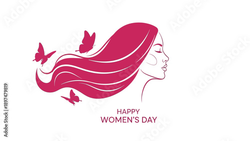 Happy women's day illustration with pink hair and butterflies on white background celebrating female empowerment