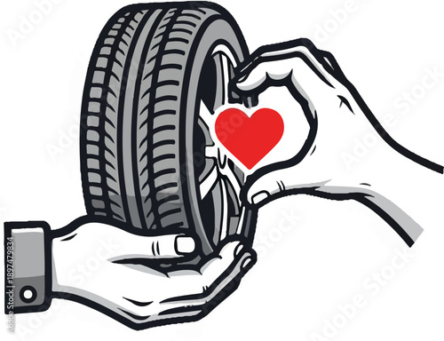 Hands cradle a tire, forming a heart with a bright red center, symbolizing care