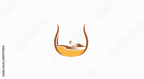 Stylized illustration of a glass with amber liquid, desert dunes, and a crescent moon