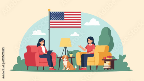Two women and a dog relax indoors under an American flag backdrop