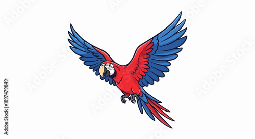 A vibrant red and blue parrot in mid-flight with wings spread wide, its beak slightly open