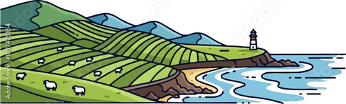 Rolling green hills meet a coastal landscape with a lighthouse, sheep dotting the pastures
