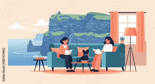 Two women and a dog relax indoors with a dramatic coastal cliff view