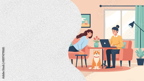 Two women and a dog in a cozy living room, one working on a laptop
