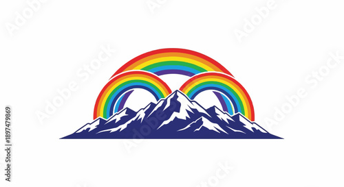 Majestic mountains under a double rainbow arc, symbolizing hope and vibrant nature