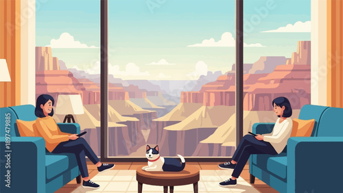 Two women and a dog relax indoors with a stunning canyon view