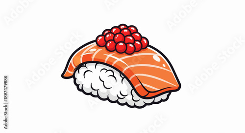 A cartoon illustration of salmon nigiri sushi with roe on top