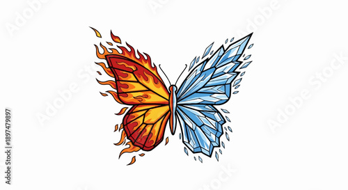 A striking butterfly symbol, half ablaze with fiery passion, the other wing a cascade of crystalline ice shards