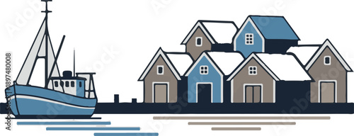 A blue fishing boat sails near a row of cozy houses with snow-capped roofs