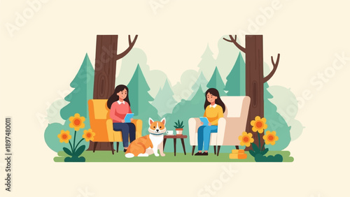 Two women and a dog relaxing in a forest clearing with chairs