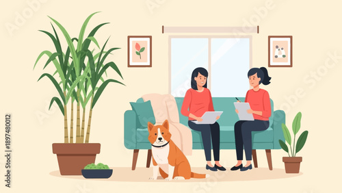 Two women and a dog relaxing in a cozy living room with plants