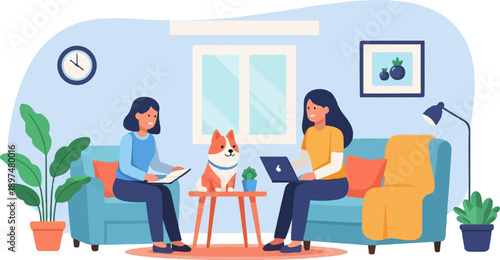 Two women and a dog relaxing in a living room with plants (1)