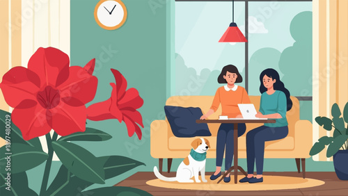 Two women and a dog relaxing in a cozy living room with plants and flowers
