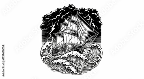 An old sailing ship battles a stormy sea with lightning in the dark sky
