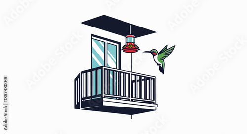 A hummingbird approaches a red feeder hanging from a balcony with a window