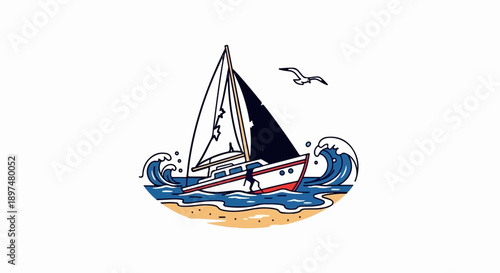 A stylized sailboat navigates choppy waters near a sandy shore with a single seagull flying overhead