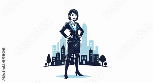 Confident woman in business attire poses with city skyline and trees