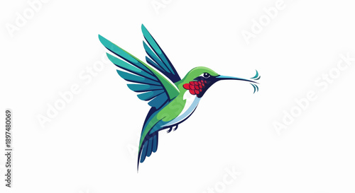 Vibrant green hummingbird with iridescent blue-green wings, feeding
