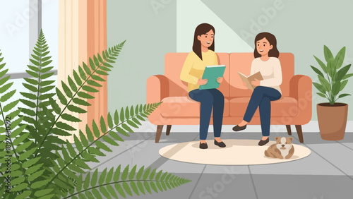 Two women and a dog relaxing on a sofa in a bright, plant-filled room