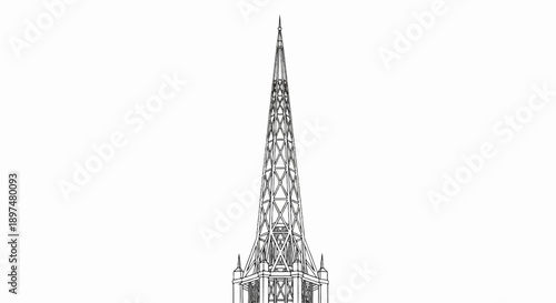 A tall, slender spire-like structure, intricately framed with geometric lines, reaches skyward