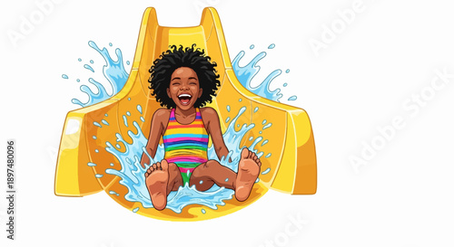 Joyful child slides down yellow water slide, splashing water