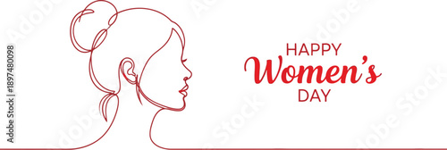 Happy women's day celebration with elegant line art of a woman's face and red text on white background