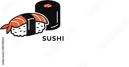 Two cute cartoon sushi rolls, one with shrimp, sitting on a white background with the word "SUSHI" below