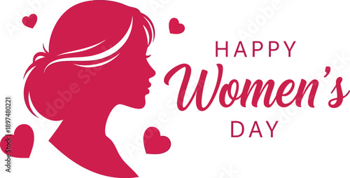 Happy women's day greeting card with pink silhouette of woman and hearts on white background