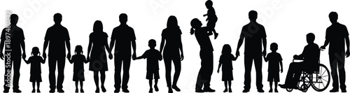 Happy Family Silhouette Set Featuring Father Mother and Two Children Cheering with Arms Raised for Summer Vacation and Togetherness Concept