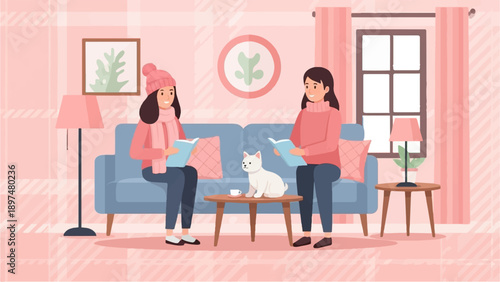 Two women and a white cat reading in a cozy pink living room