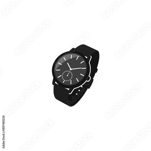 Sleek modern minimalist black wristwatch vector illustration with dark dial and white markers, perfect for fashion, time management, business, and elegant accessory designs.