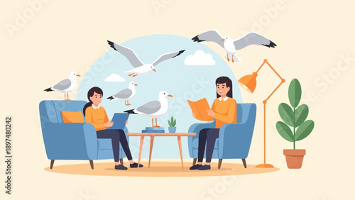 Two women relax reading books with seagulls flying around them