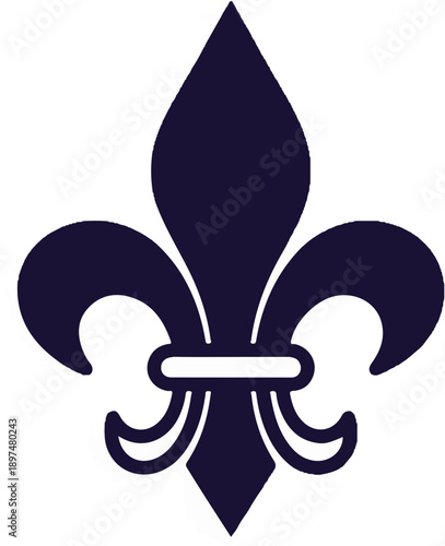 Stylized dark blue fleur-de-lis symbol with white outline against white background